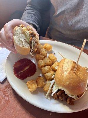 BBQ pulled pork sandwich, tots were cold.