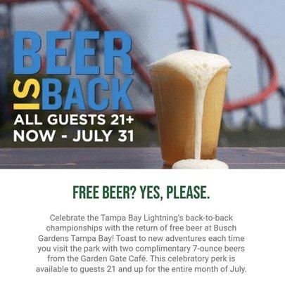 Get free beer all July 2021 at Garden Gate Cafe, Busch Gardens, Tampa