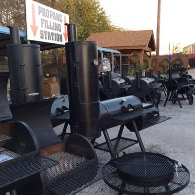 We carry the largest inventory and selection in the area of offset smokers using 1/4" steel casing and all welded construction.