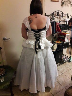 Back of completed Custom Bridal gown and a very happy customer.