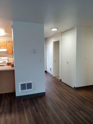 Living room view towards entrance hallway and kitchen