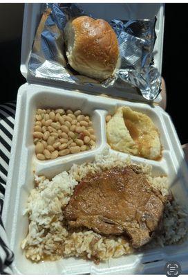 Monday plate lunch, pork chop rice/gravy, navy beans, cream potatoes and roll