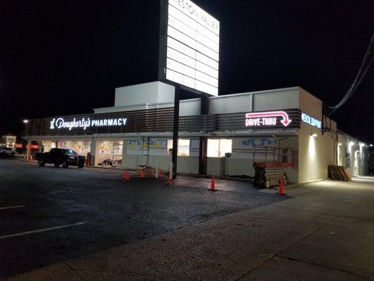 Giant Sign was asked to do these exposed neon channel letter signs for the new location for Dougherty's Pharmacy, a Dallas institution.