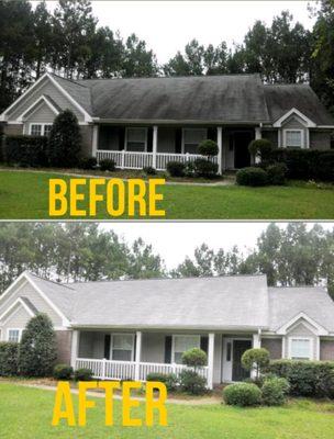 Notice before and after !
(1)most important=kill mildew to extend life of roof !
(2) enchance curb appeal and value of your home !