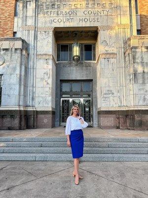 Attorney Christy L. Cauthen in front of the Jefferson County Courthouse