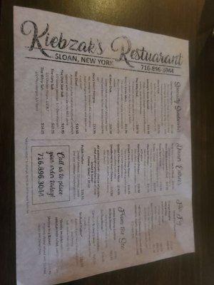 Menu for the restaurant/bar