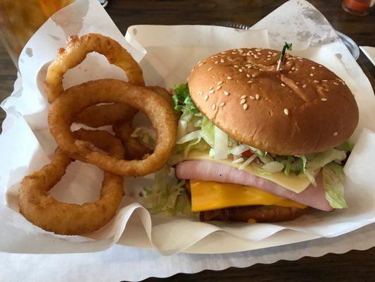 Corral burger with onion rings