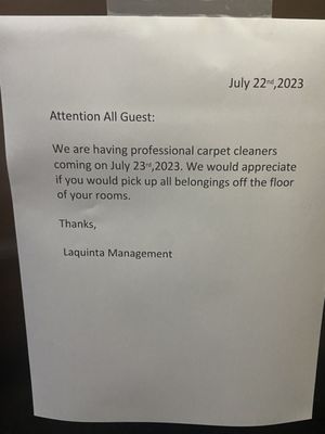 Notice left by hotel staff