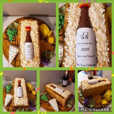 Wine box, molded wine bottle with grapes, cheese and crackers to accompany! All edible!