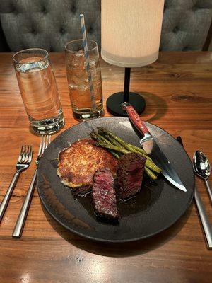 28-DAY FILET MIGNON $60 bourbon brown sugar glazed | loaded smashed potato cake | lemon asparagus