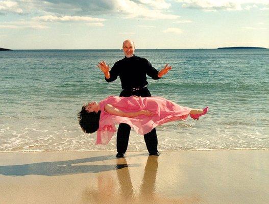 Viktor Zenko performs a levitation on the beach.