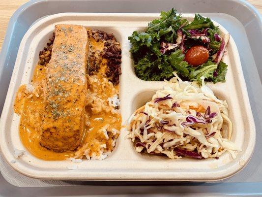 Salmon with Panang curry, half rice berry, half white rice; kale and cabbage sides