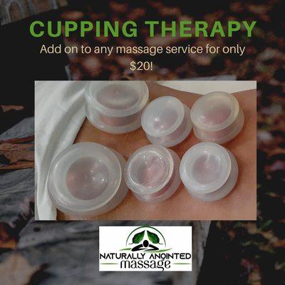 Cupping therapy available for $20 add on to any session for areas with restricted range of motion or areas that you feel more muscle pain.