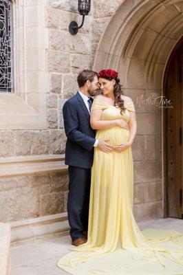 Beauty and the Beast inspired maternity photo session. Hair, makeup, dress and accessories included with our "Pamper Me Mommy" session.