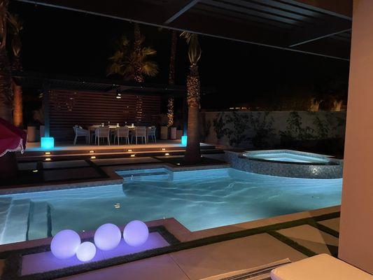 Remodeled backyard pool with patio lounge area