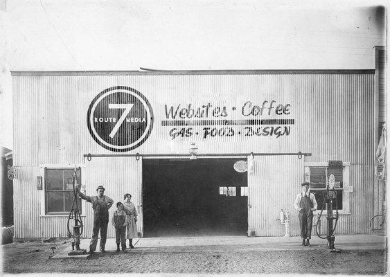 Grandpa Marty and family at the first full-service web design shop and gas station.