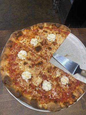 Cheese pizza with whipped ricotta and hot money