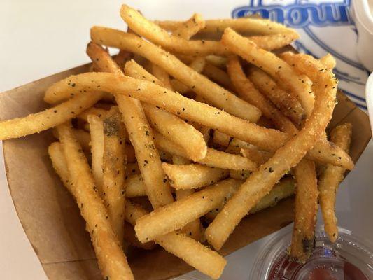 Lemon pepper seasoned fries $5. Crispy tangy deliciousness.