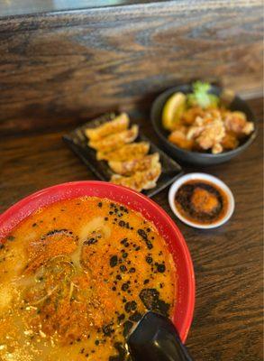 Black Shisen Ramen m, Gyoza and Karaage Deep Fried Chicken