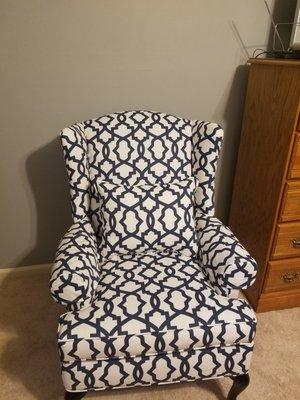 wingback that Tony Dow reupholstered and pillow that he made