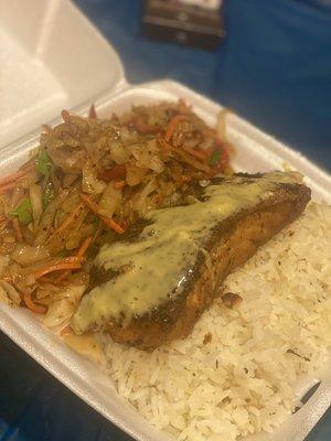 Zesty Flavor Salmon w/ sauté cabbage and jasmine rice