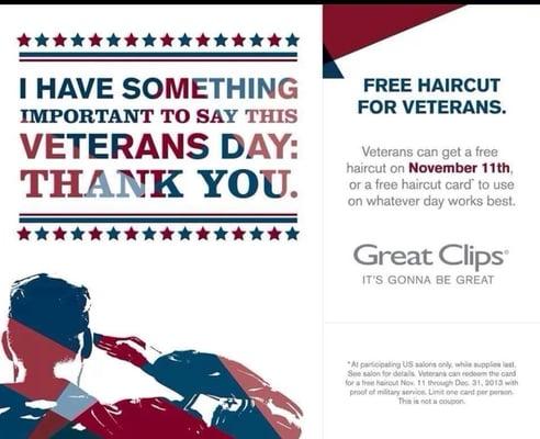 Free haircuts to all veterans nov 11th 2013! Happy Veterans Day !!!