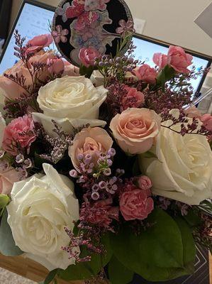 Mom's Birthday flowers displayed in a teacup