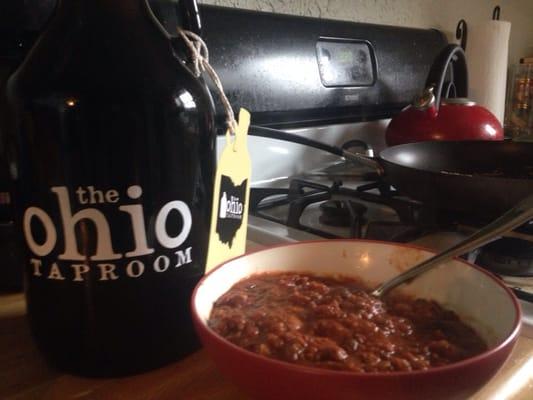 Delightful afternoon in w a bowl of bison chili and a growler of great beer!