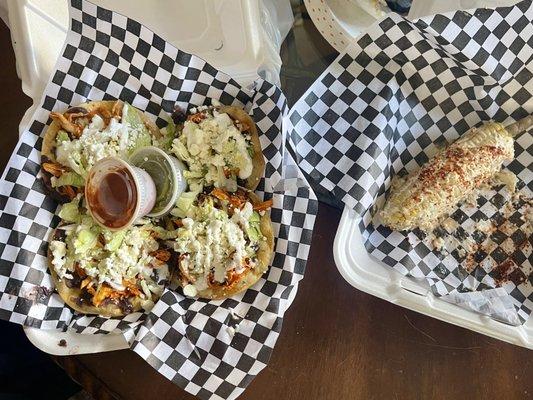 Tinga tostada with elotes