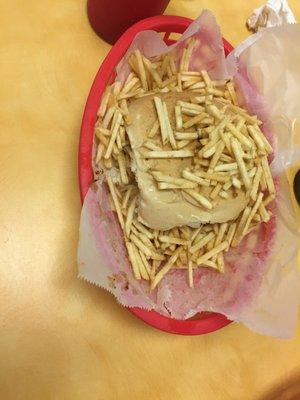 Frita con queso y papitas - Cuban Style burger (frita is typically made from ground beef and ground cotizo and seasonings)