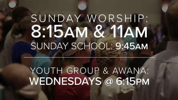 Sunday worship services at 8:15am & 11am, with all-ages Sunday school at 9:45am. (Nursery is available for 0-3yrs at all service times)