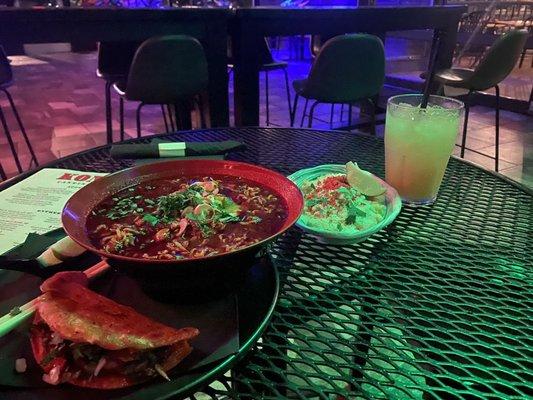 Birria ramen + birria taco (for dipping), street corn side and pineapple juice.