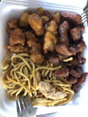 Lo mein, bbq pork, and sesame chicken (~$6 total!)