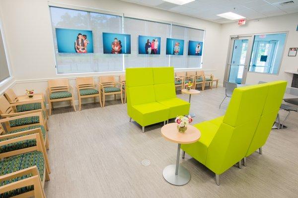 Tallahassee Health Center lobby waiting area and IT bar to plug in your devices