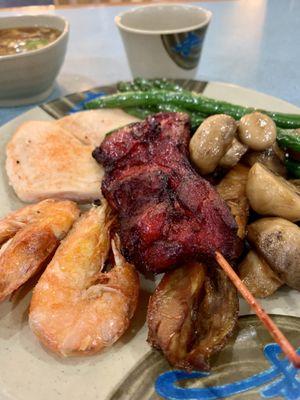 Plate #1 - Swai fish, Crispy Shrimp, Mushrooms, Green Beans, baked Chicken