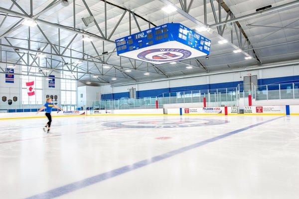 Stadium lighting, sound system and scoreboard enhance the skating experience.