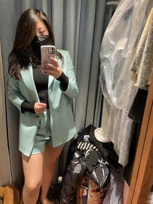 Aquamarine vegan leather power blazer + shorts suit set - new spring collection