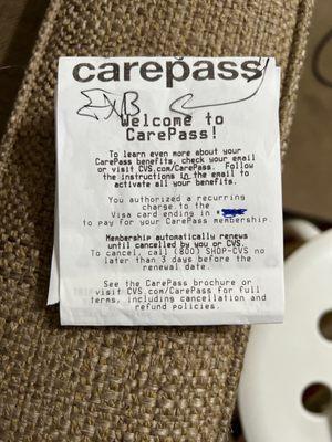 The charge for the Carepass receipt