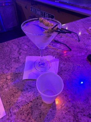 Perfect dirty martini and double shot Crown straight up.