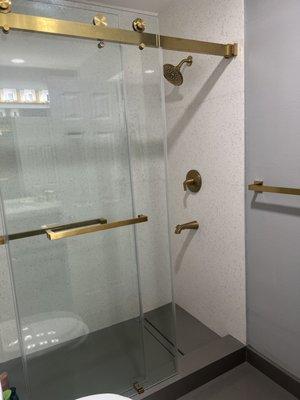 Shower cabinet made from Quartz. Floor was made from granite.