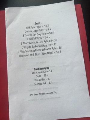 Beer and N/A menu