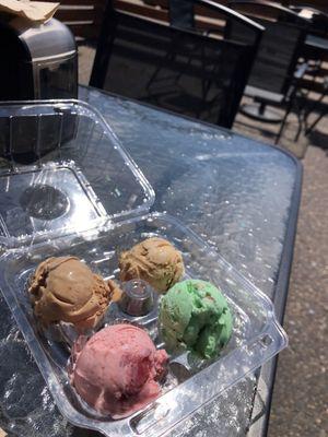 Ice Cream 4 flavor flight flavors: Daily Grind, Caramel Collision, Strawberry, Pistachio Almond