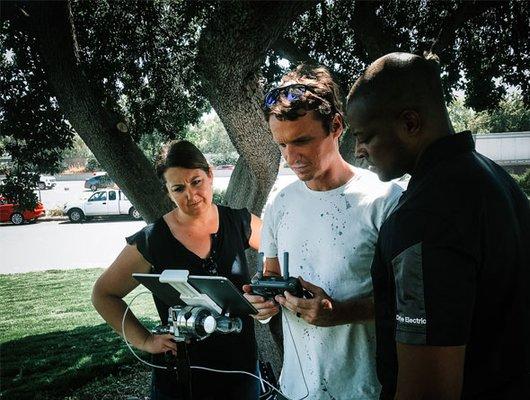 FFA certified drone Pilot Michael Spranger with SMUD Media Specialist Jonathan Knox.