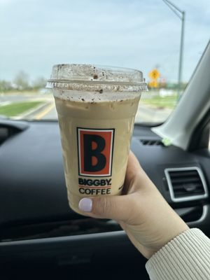 Large iced honey cinnamon vanilla latte with oatmilk