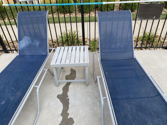 Moldy pool furniture and sticky table from beverages spilled and not cleaned.