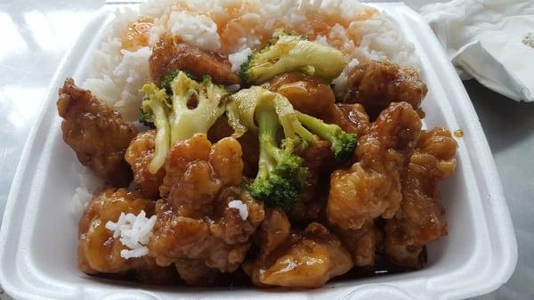 General Tso with rice and broccoli.