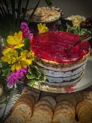 Cheddar Pecan Cheese Torte with Raspberry Coulis