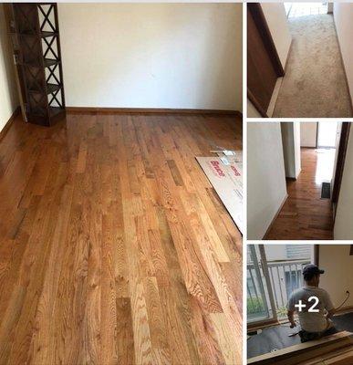 The Renovators team installing pre finished hardwood flooring.