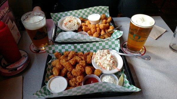 Clam strips, popcorn shrimp, and tots.