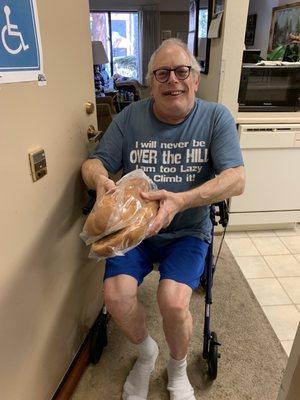 Happy to receive my challah for Shabbat, from their very friendly delivery person (she even took my photo!)